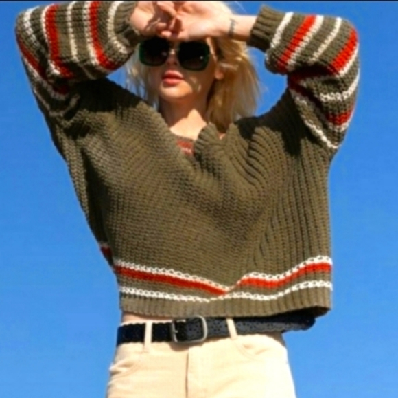 POL BEST SELLER BOYFRIEND Chunky Green And Multi Stripe Color Cozy Sweater - Picture 6 of 7